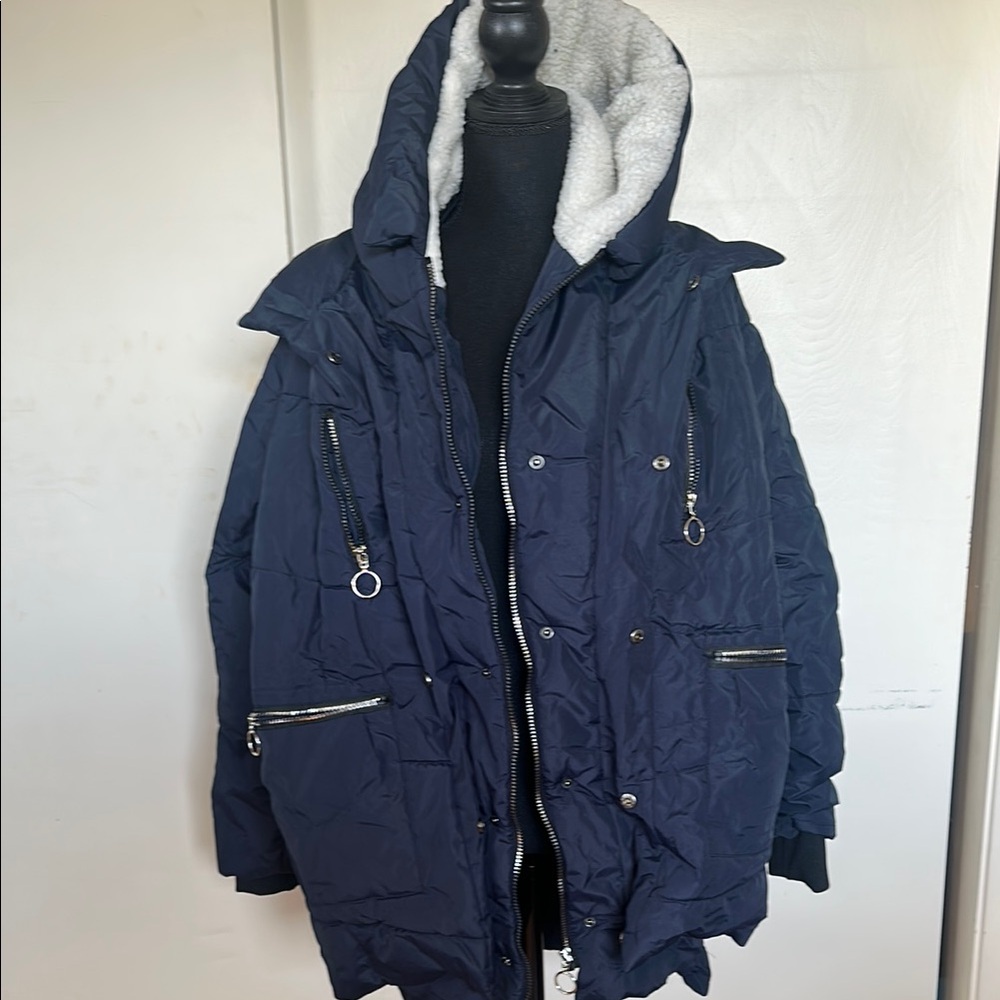 Navy Hooded Parka with Sherpa Lining